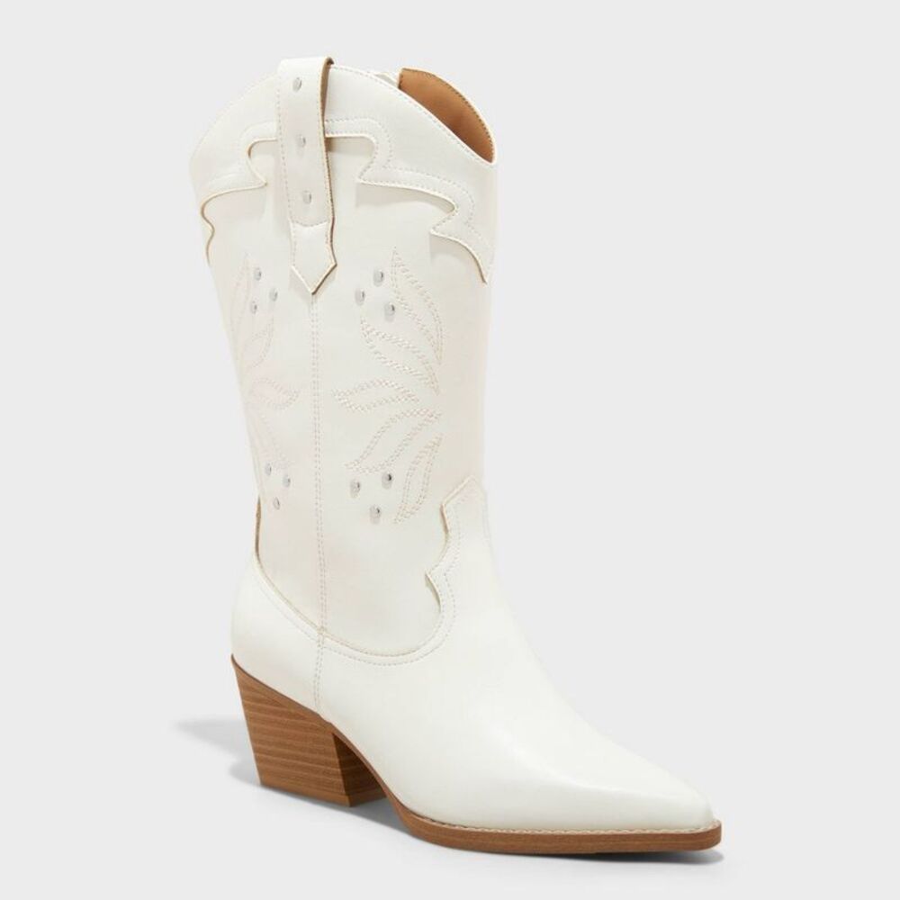 Women's Studded Western Mid-Calf Cowboy Boots - Off-White 9